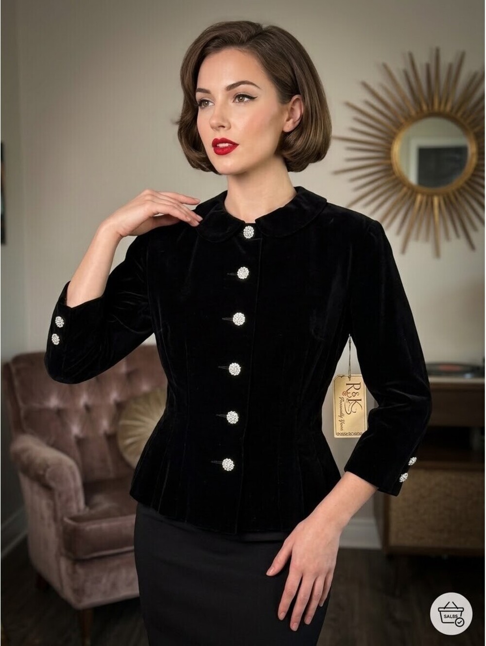VTG 50s 60s R&K Original Black Velvet Rhinestone Button Blazer Jacket Peplum